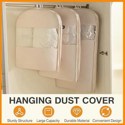 Space Saving Hanging Garment Bag with Self Compression Zipper, 2025 New Large Capacity Long Hanging Clothes Compression,Thick Satin Fabric Dust Cover Clothes Suit Bags for Coats, Down,Dress(Beige,XL)