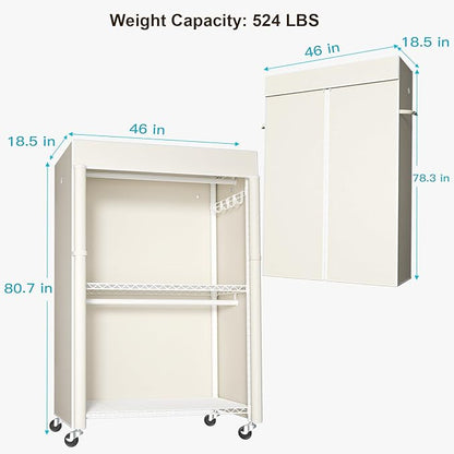 FUTASSI White Clothing Rack with Beige Cover, P1C Plus Rolling Closet with Wheels, Metal Garment Rack for Hanging Clothes, Clothing Storage Wardrobe, 46" W x 18.5" D x 80.7" H, Load 524 Pounds