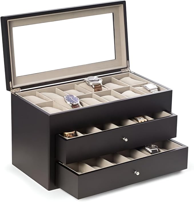 Bey-Berk Duke Matte Black Wood Watch Box – 36-Slot Organizer with Glass Top, 2 Drawers & Velour Lining