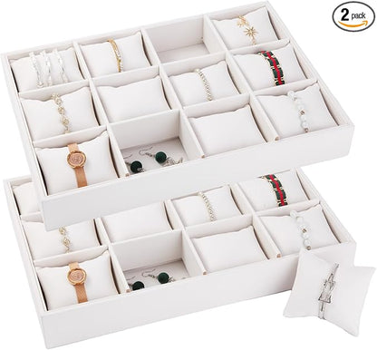 Polmart Stackable 12-Grid Jewelry Tray with Pillow, White Leatherette (2-Pack)