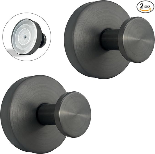 Welsa Suction Cup Hooks for Shower - 2 Pack, Gray - Stainless Steel, Strong Suction, No Drill, Removable Hanger, Tile Bathroom Kitchen Wall, Glass Door, Mirror Hook Hanging Robe, Towel Holder