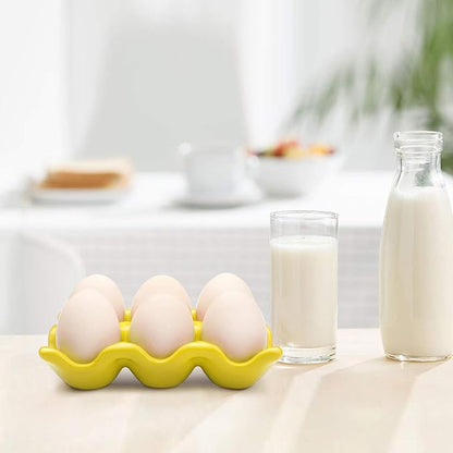 Flexzion Ceramic Egg Holder for Fridge - 6 Cups Egg Tray Half Dozen Porcelain Container Keeper Storage Organizer Decorative Serving Dish Serveware for Refrigerator Countertop Display Kitchen (Yellow)