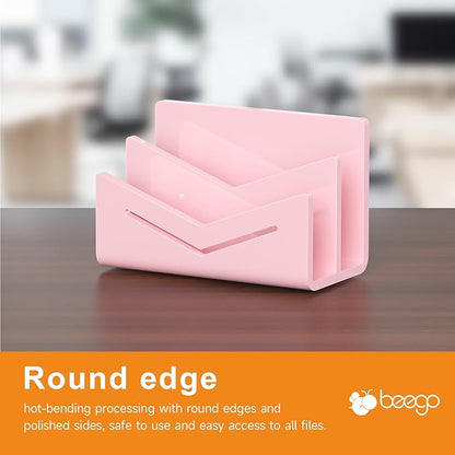Beego Envelope and Mail Organizer Countertop - 2 Compartments Pink Acrylic Desk Organizer Letter Holder Desktop File Sorter Bill Document Folder Rack for Office, Home, School Desk Organization