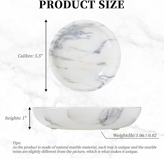 Amaauto Natural Marble Jewelry Tray 5.5", Trinket Dish for Ring Earring, Gift for Woman Daugther (Arabescato Calacatta)