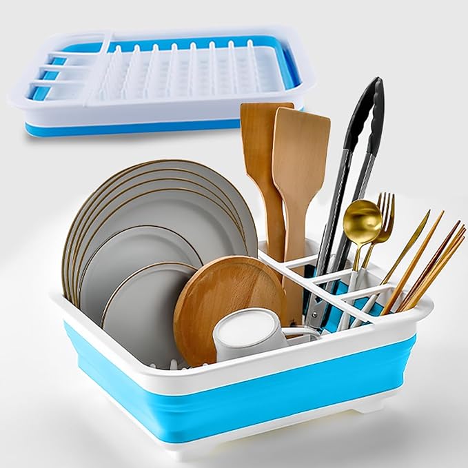 Collapsible Dish Rack Foldable Dish Drying Rack Portable Dish Drainer Dinnerware Organizer Rack Folding Tableware Storage Rack Cutlery Rack for Kitchen Counter RV Camper Accessories (Blue)
