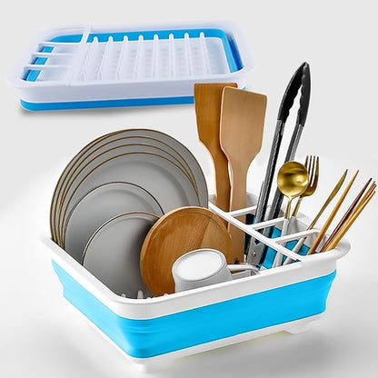 Collapsible Dish Rack Foldable Dish Drying Rack Portable Dish Drainer Dinnerware Organizer Rack Folding Tableware Storage Rack Cutlery Rack for Kitchen Counter RV Camper Accessories (Blue)