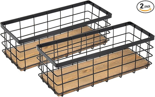 TIEYIPIN Farmhouse Small Metal Wire Storage Basket Bin, Rustic Home Storage Organizer with Wooden Bottom for Kitchen, Cabinets, Bathroom Counter, Pantry, Garage, Laundry Room - Black (2 Pack)