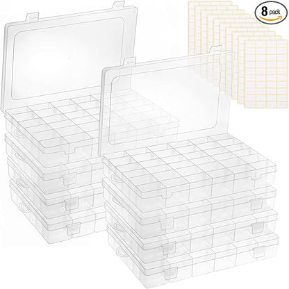 OUTUXED 8 Pack 36 Grids Clear Plastic Storage Boxes with Adjustable Dividers, Beads Storage Containers, Jewelry and DIY Crafts Organization, Screw & Hardware Sorting with 10 Label Stickers