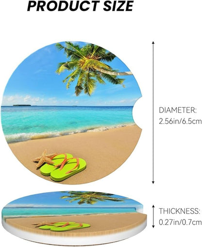 Beach Ocean Palm Tree Starfish Flip Flops Car Cup Holder Coaster 2 Pack Absorbent Ceramic Car Coasters for Cup Holders Car Accessories Interior Anti Slip Cork Base Cup Coasters with Finger Notch