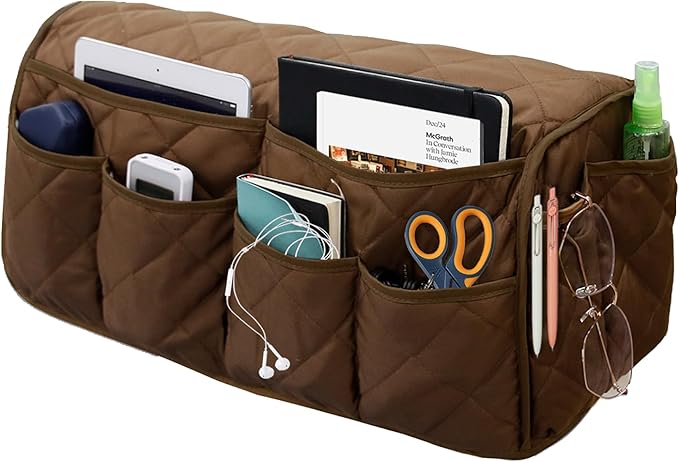 Gloserin Armchair Caddy, Sofa Armrest Organizer, Non Slip Recliner Organizer, Remote Control Holder for Recliners, Couch Caddy with 14 Pockets Storage for TV Remote, Phone, Magazine (Brown)