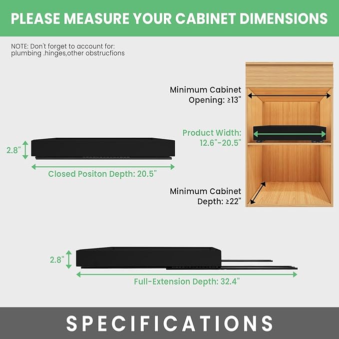 THMINS 2 Pack Expandable Pull Out Cabinet Organizer, 21" Depth, for Kitchen Cabinets, Upgrade 3 Slide Slide-Out Drawers, Adjustable Width 12.05" - 20.5", Black