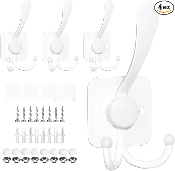 VIS'V 3 Prong Coat Hooks Wall Mount, Metal Self Adhesive Entryway Wall Hooks, 2 Mount Options, White, 4 Pcs