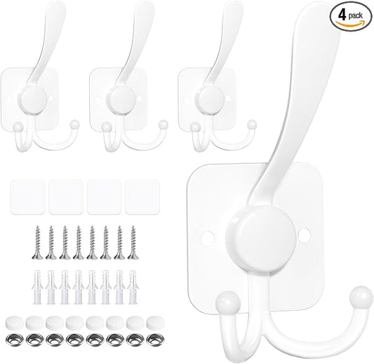 VIS'V 3 Prong Coat Hooks Wall Mount, Metal Self Adhesive Entryway Wall Hooks, 2 Mount Options, White, 4 Pcs
