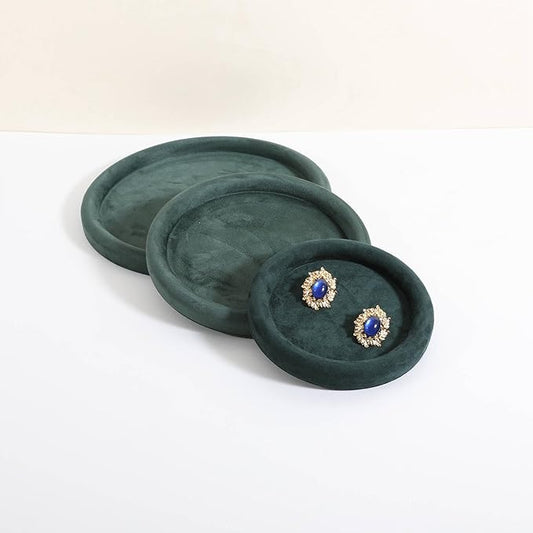 GemeShou Round Jewelry Organizer Plate, Top Microfiber Velvet Jewelry Display Tray, Empty Jewelry Showcase Tray for Necklaces, Bracelets, Rings, Earrings (Green-Small, 5.9 x 5.9 in)