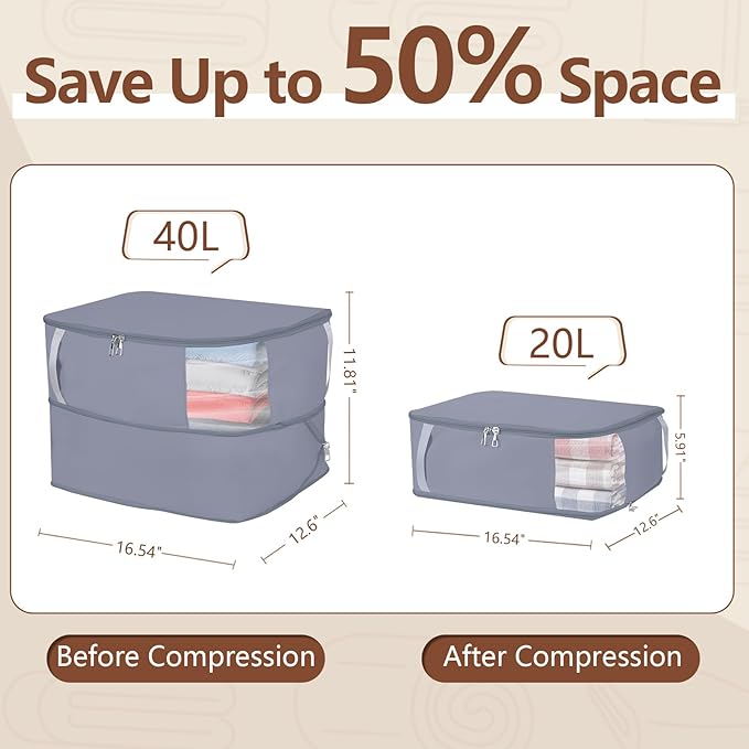 Compression Storage Bags for Clothes, Foldable Reusable Organizers for Down Coats, Comforters, Beddings, Blankets, Self Compression Packing Cubes Space Saver Bags with Dual Zippers, 2 Pack, 40 L, Gray