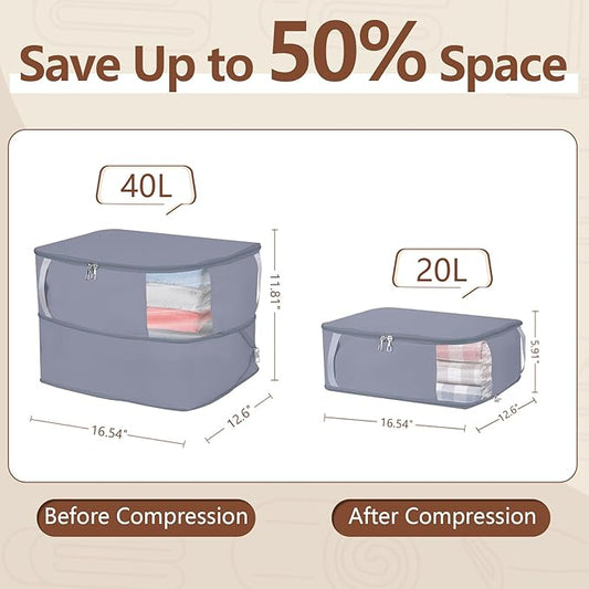 Comforter Storage Bag, Large Capacity Blanket Storage Bags with Visual Window, Ultra Space Saving Self Compression Organizer, Washable Compression Bag for Down Jacket, Pillow, Bedding, 2-Pack 40L Gray