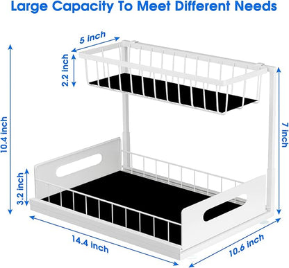 2 Pack Under Sink Organizer, 2 Tier Pull-Out Cabinet Storage Shelf, Rust-Resistant Metal Organizer for Kitchen Bathroom Laundry Room, No Tools Installation, White