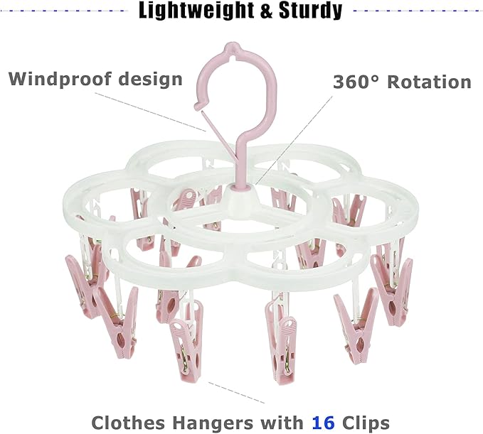 Clothespin Rack Laundry Drying Rack,Clothes Hangers with 16 Clips,Clip Hanger Drip Hanger for Drying Underwear,Baby Clothes,Socks,Bras,Towel,Pants,Hat,Scarf,Cloth Diapers,Gloves (Light Pink)