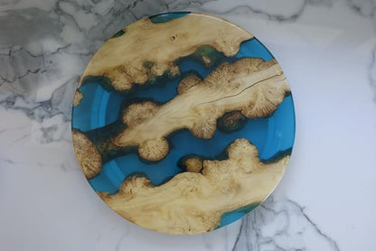 Handmade 16" Wood and Epoxy Resin Lazy Susan, Turntable for Kitchen Countertop, Rotating Display Stand, Round Wooden Platter, Organizer and Storage for Dining Table (Light Blue & Light Wood)