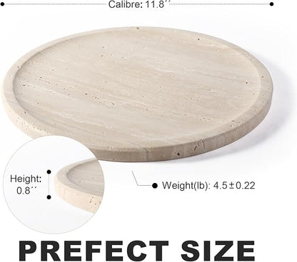 Travertine Tray, 11.8"x0.8" Round Serving Tray for Kitchen and Coffee Table, Bathroom Trays for Counter, Decorative Vanity Trays, Catchall Fruit and Snack, Light Beige Ottoman Tray