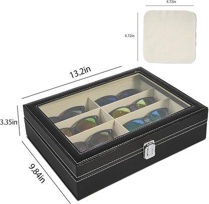 BNFHTD 8-slot synthetic leather Sunglasses Organizer Case for Eyeglasses and Glasses, glasses holder, Includes Cleaning Cloth, for desk and travel