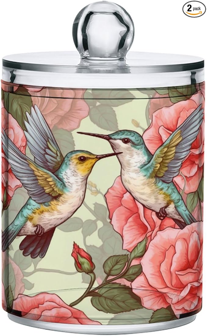 MNSRUU 2 Pack Qtip Holder Organizer Dispenser Flowers and Hummingbirds Pink Bathroom Storage Canister Cotton Ball Holder Bathroom Containers for Cotton Swabs/Pads/Floss