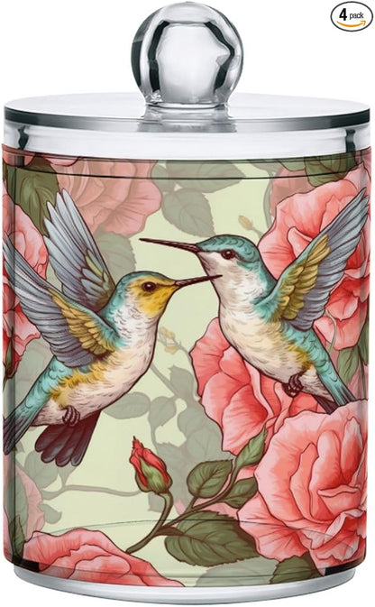 MNSRUU 4 Pack Qtip Holder Organizer Dispenser Flowers and Hummingbirds Pink Bathroom Storage Canister Cotton Ball Holder Bathroom Containers for Cotton Swabs/Pads/Floss