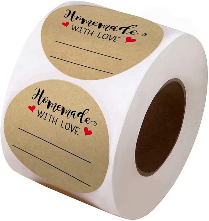 2 Inch Homemade with Love Sticker with Lines for Writing (500 Labels per roll) Brown Kraft Stickers for Canning Labels Jar, Store Owners, Crafts, Organizing, Gift, Price Tags, Envelop Seal