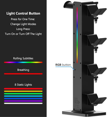 KAFRI RGB Gaming Headphone Stand with 8 Light Modes, Controller Holder for Desk - with Retractable Charger Cable - 2 Outlet Power & 4 Type-C Charging Port for PC Gamer Accessories(Black)