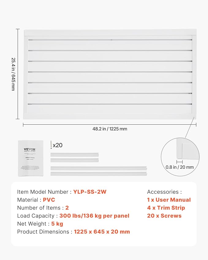 VEVOR Slat Wall Paneling, 2 x 4 ft, PVC Garage Slatwall with Modular Design, White Slat Wall Easy-to-Install Adjustable Slatwall Panel with Coupling Structure & DIY Cutting, Fits for Storage & Display