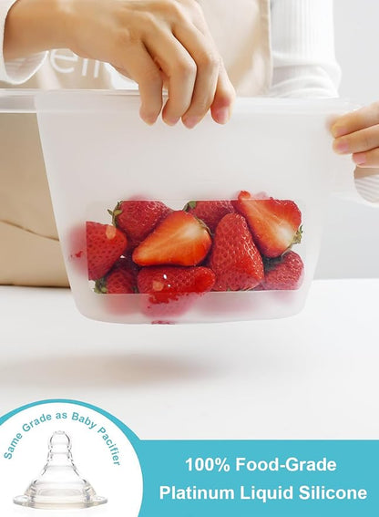 Reusable Premium Silicone Food Storage Bags 4 Pack with 2 Snack and 2 Sandwich Bags, Multi-Use & Sous Vide Stand-Up Pouches for Soup and Leftovers, Microwave, Dishwasher and Freezer Safe, BPA Free