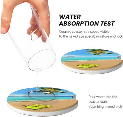 Beach Ocean Palm Tree Starfish Flip Flops Car Cup Holder Coaster 2 Pack Absorbent Ceramic Car Coasters for Cup Holders Car Accessories Interior Anti Slip Cork Base Cup Coasters with Finger Notch
