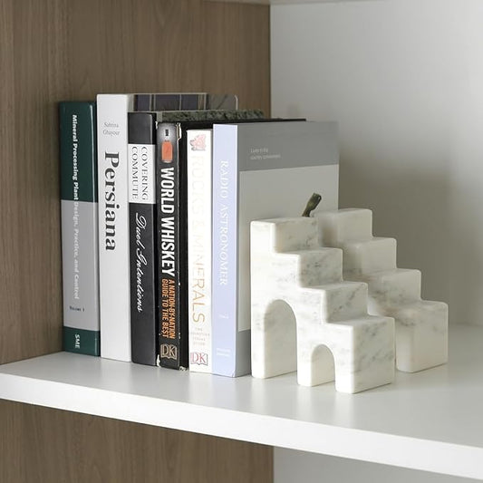 Decorative Natural Marble Book Ends for Shelves, Aesthetic Stone Bookends for Heavy Books, Unique Castle Book Holder/Stopper for Chic Home, Office, or Library Any Bookshelf Decor, Set of 2 (White)