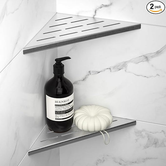 Bernkot 8'' Corner Shower Shelf 2PCS, 304 Stainless Steel Recessed Bathroom Shelves for Tiled Wall, Grout in Shelf (8'', Silver)