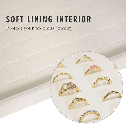 Velvet Ring Display Tray Organizer Box with Transparent Lid, 100 Slot Ring Holder Showcase For Store Display Jewelry Show Home, Ring Organizer For Rings Earrings (Beige)