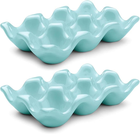 Flexzion Porcelain Egg Crate - 6-Egg Capacity Ceramic Egg Tray, Half Dozen Egg Holder for Fridge, Countertop Display - Blue Decorative Serving Dish and Storage Organizer, 2 Pack
