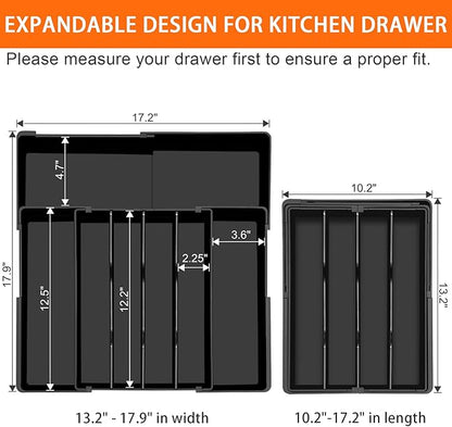 Silverware Organizer - Expandable Utensil Drawer Organizer, Adjustable Silverware Drawer Organizer, Plastic Kitchen Drawer Organizer for Forks, Knives, Kitchen Organizer Dividers, Black