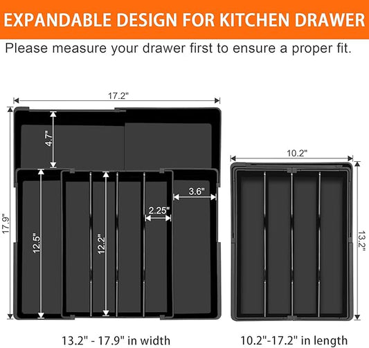 Silverware Organizer - Expandable Utensil Drawer Organizer, Adjustable Silverware Drawer Organizer, Plastic Kitchen Drawer Organizer for Forks, Knives, Kitchen Organizer Dividers, Black