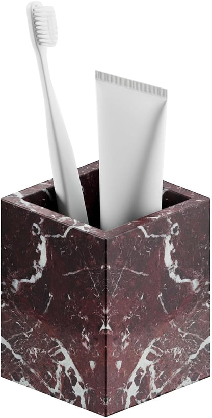 Marble Toothbrush Holder – 4.1" Genuine Stone Bathroom Cup for Makeup Brushes, Pens & Utensils | Natural Marble Organizer for Vanity, Countertop & Home Décor (Rosso Lepanto Red)