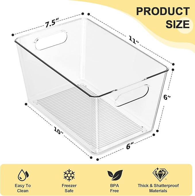 6 Pack Clear Plastic Storage Bins, Pantry Organization and Storage Bins for Kitchen-Fridge Organizer, Pantry Storage Containers, Cabinet Organizers