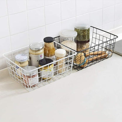 Metal Wire Storage Basket with Handles for Kitchen Food Pantry Papers Home Office Desk Shelf Bathroom Laundry Room Shelf Bedroom Bed Room, 2PCS (Black)