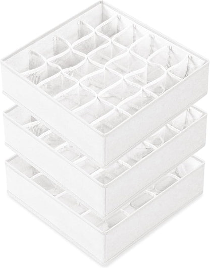 Criusia 3 Pack Sock Underwear Drawer Organizer Dividers, 64 Cell Fabric Foldable Cabinet Closet Organizers and Storage Boxes for Storing Socks, Panties, Ties (16+24+24 Cell, White)