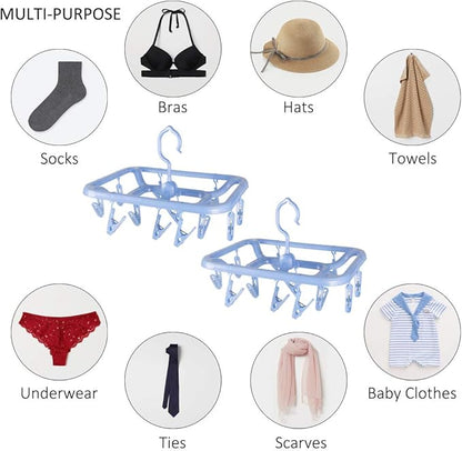 Small Clip & Drip Hanger 2-Pack, 12 Clips & 360 Rotatable Hook, Drying Hanger for Towels, Bras, Baby Clothes, Gloves, Blue