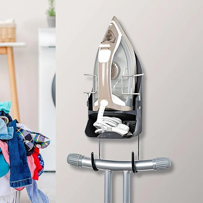 Space-Saving Wall-Mount Iron and Ironing Board Holder with Hooks for Laundry and Hotel Rooms