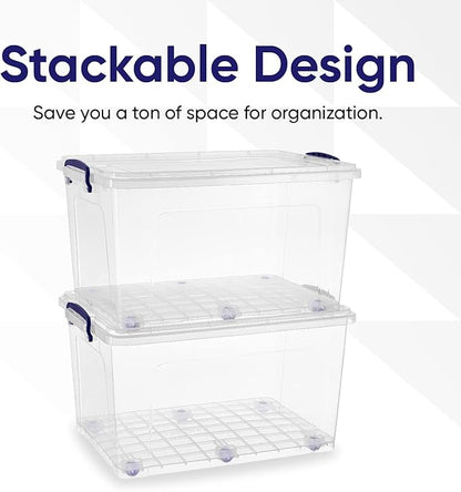 Superio Storage Bins with Lids- Clear Boxes for Organizing, Stackable Plastic Containers- BPA Free, Non-Toxic, Odor Free, Organizer for Home, Office, Dorm (6 Pack, 44 Qt (Wheeled))