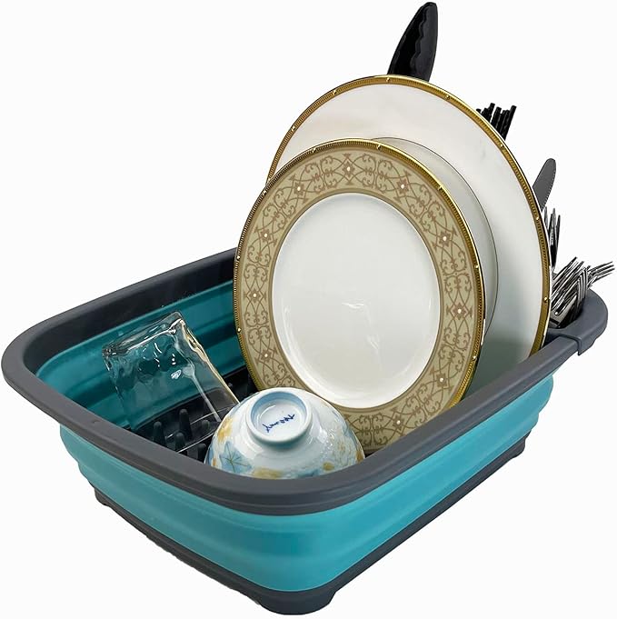SAMMART 8L (2.11Gallons) Collapsible Plastic Dish Drainer - Foldable Drying Rack - Portable Dinnerware Organizer - Space Saving Kitchen Utensil Storage Tray (Alloy Grey + Crystal Blue (Set of 2))