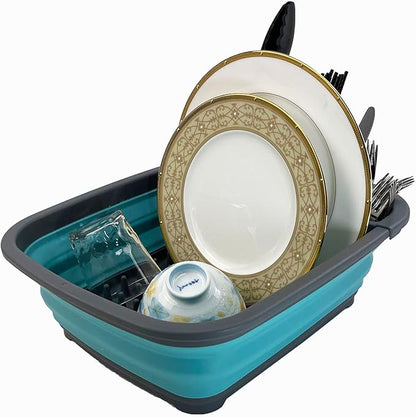 SAMMART 8L (2.11Gallons) Collapsible Plastic Dish Drainer - Foldable Drying Rack - Portable Dinnerware Organizer - Space Saving Kitchen Utensil Storage Tray (Alloy Grey + Crystal Blue (Set of 2))