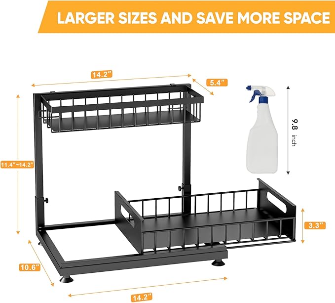 Under Sink Organizer Storage 2-Tier Premium Metal Pull-Out Racks, Height Adjustable, Heavy Dut and Easy Installation for Kitchen & Bathroom Organizers 2 Pack