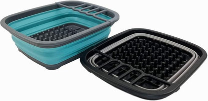 SAMMART 8L (2.11Gallons) Collapsible Plastic Dish Drainer - Foldable Drying Rack - Portable Dinnerware Organizer - Space Saving Kitchen Utensil Storage Tray (Alloy Grey + Crystal Blue (Set of 2))