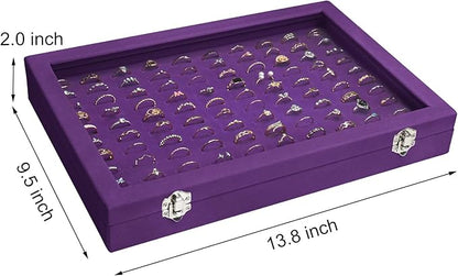 Ring Display Tray Organizer Box with Transparent Lid, 100 Slot Ring Holder Showcase For Store Display Jewelry Show Home, Ring Organizer For Jewelry Rings, Studs Earrings (Purple)